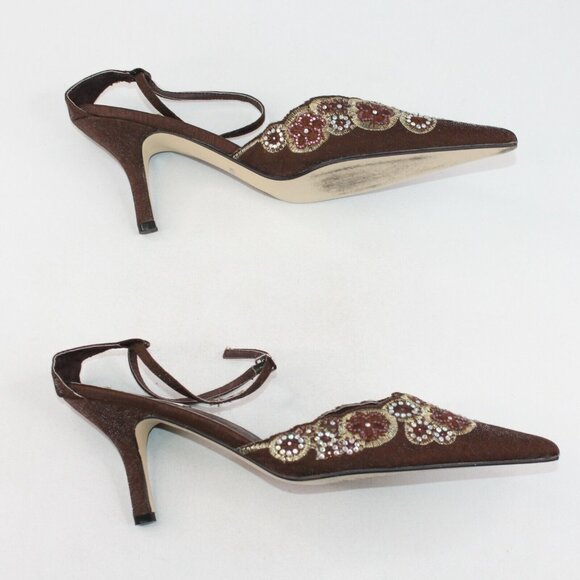 J Loren Collection 9.5M Brown Bronze Beaded Embellishment Pointed Toe Heels - Picture 7 of 10
